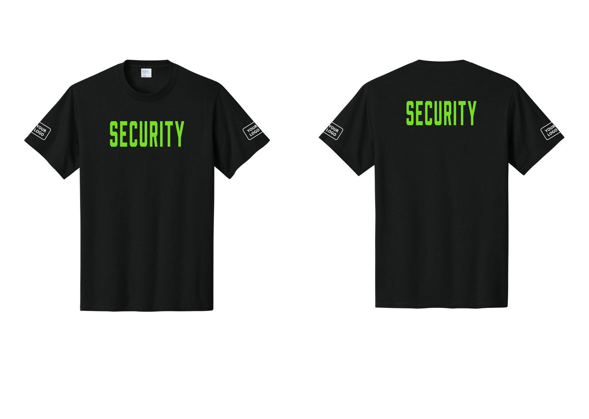NYC Factory Unisex Security Custom Logo Black T-Shirt - Front + Back + Your Logo Sleeves - Black / Neon