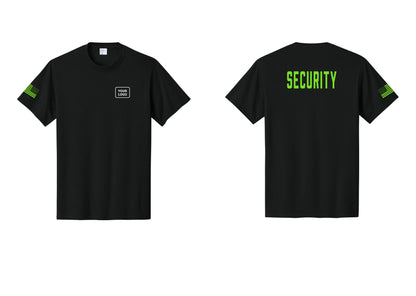 NYC Factory Custom Logo Security T-Shirt, Condensed Lettering - Your Logo + Back + US Flag Sleeve - Black / Neon