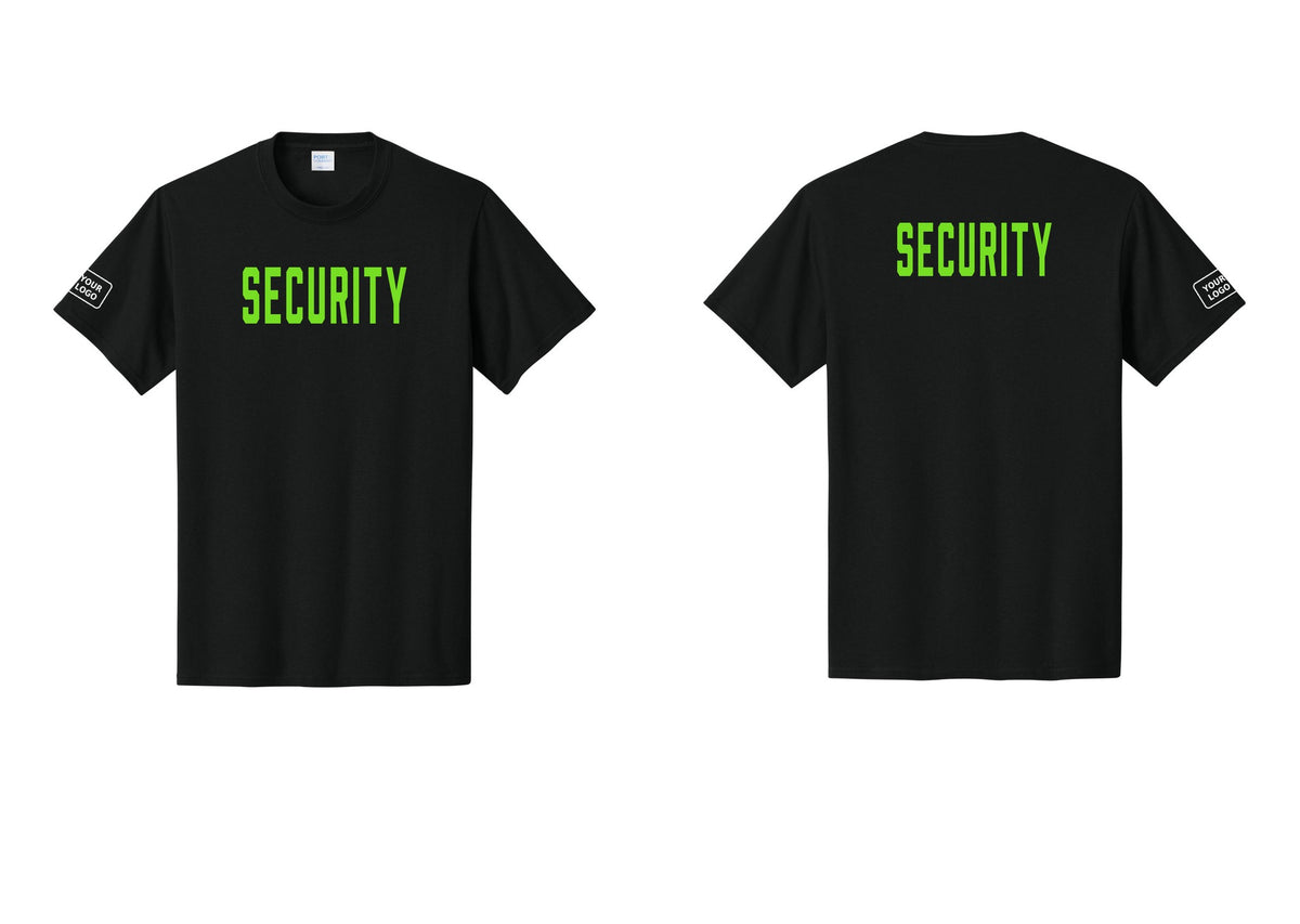NYC Factory Unisex Security Custom Logo Black T-Shirt - Front + Back + Your Logo Sleeve - Black / Neon