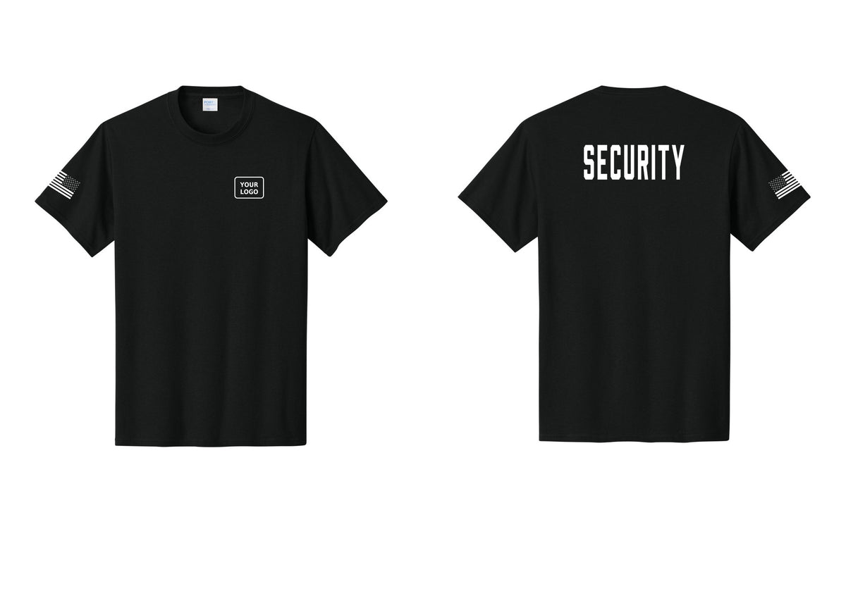 NYC Factory Custom Logo Security T-Shirt, Condensed Lettering - Your Logo + Back + US Flag Sleeve - Black