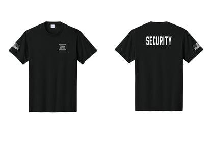 NYC Factory Custom Logo Security T-Shirt, Condensed Lettering - Your Logo + Back + US Flag Sleeve - Black