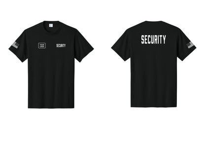 NYC Factory Custom Logo Security T-Shirt, Condensed Lettering - SECURITY + Your Logo + Back + US Flag Sleeve - Black