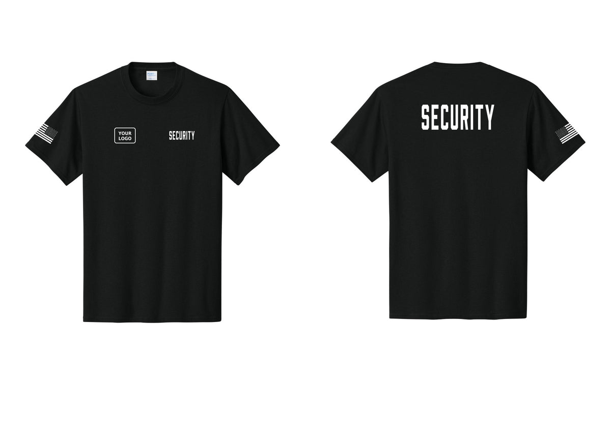 NYC Factory Unisex Security Custom Logo Black T-Shirt - SECURITY + Your Logo + Back + US Flag Sleeve - Black