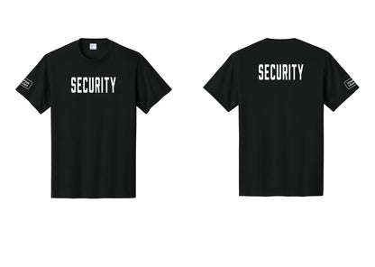 NYC Factory Custom Logo Security T-Shirt, Condensed Lettering - Front + Back + Your Logo Sleeve - Black