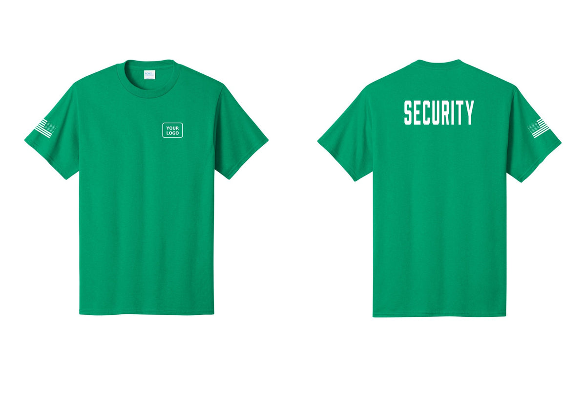 NYC Factory Custom Logo Security T-Shirt, Condensed Lettering - Your Logo + Back + US Flag Sleeve - Kelly