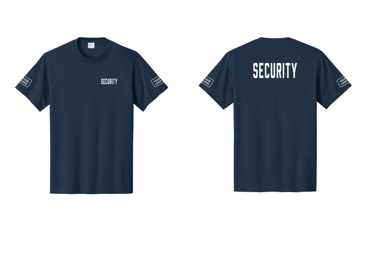 NYC Factory Custom Logo Security T-Shirt, Condensed Lettering - Chest + Back + Your Logo Sleeves - Navy