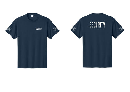 NYC Factory Custom Logo Security T-Shirt, Condensed Lettering - Chest + Back + Your Logo Sleeves - Navy