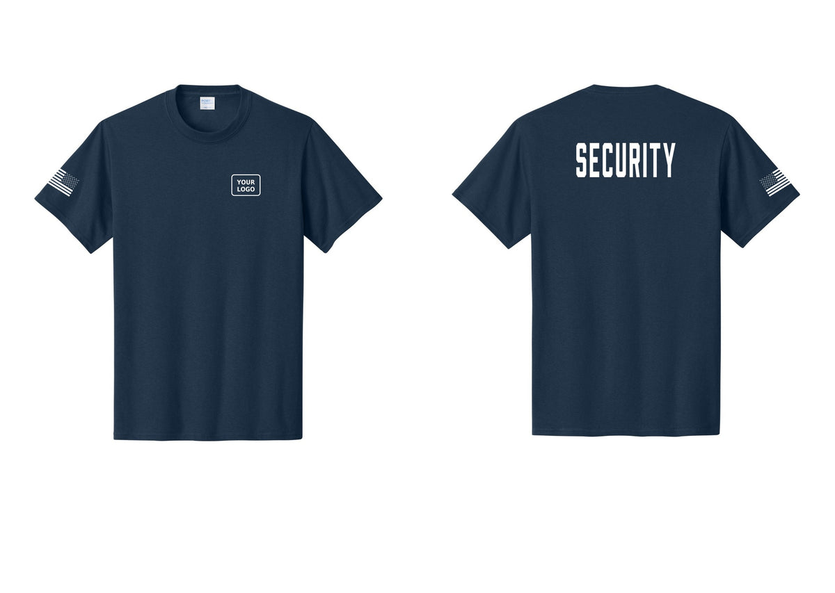 NYC Factory Custom Logo Security T-Shirt, Condensed Lettering - Your Logo + Back + US Flag Sleeve - Navy