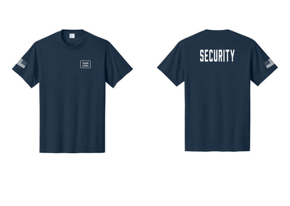NYC Factory Unisex Security Custom Logo Black T-Shirt - Your Logo + Back + US Flag Sleeve - Navy