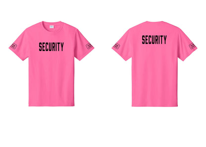 NYC Factory Custom Logo Security T-Shirt, Condensed Lettering - Front + Back + Your Logo Sleeves - Neon Pink
