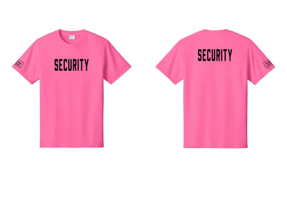 NYC Factory Custom Logo Security T-Shirt, Condensed Lettering - Front + Back + Your Logo Sleeve - Neon Pink