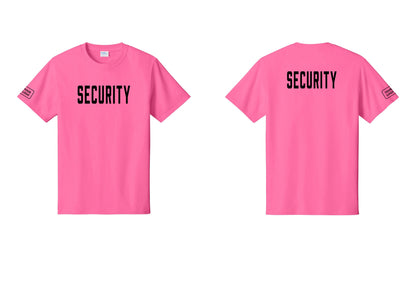 NYC Factory Unisex Security Custom Logo Black T-Shirt - Front + Back + Your Logo Sleeve - Neon Pink
