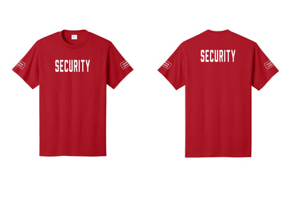 NYC Factory Custom Logo Security T-Shirt, Condensed Lettering - Front + Back + Your Logo Sleeves - Red