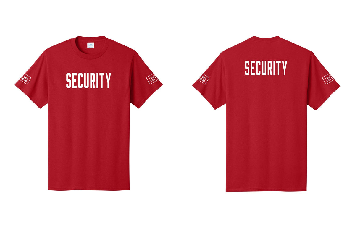 NYC Factory Unisex Security Custom Logo Black T-Shirt - Front + Back + Your Logo Sleeves - Red