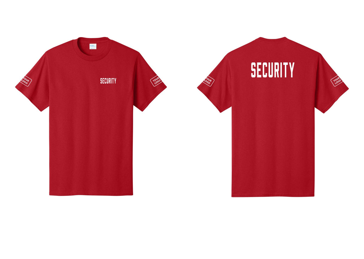 NYC Factory Custom Logo Security T-Shirt, Condensed Lettering - Chest + Back + Your Logo Sleeves - Red