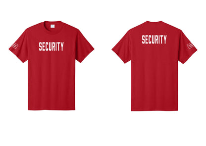 NYC Factory Custom Logo Security T-Shirt, Condensed Lettering - Front + Back + Your Logo Sleeve - Red