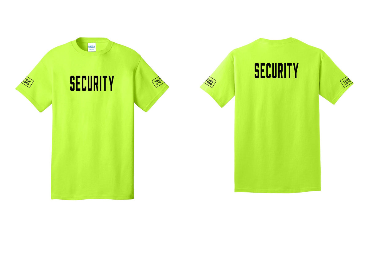 NYC Factory Custom Logo Security T-Shirt, Condensed Lettering - Front + Back + Your Logo Sleeves - Safety Green