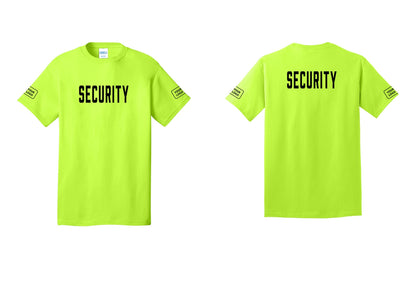 NYC Factory Custom Logo Security T-Shirt, Condensed Lettering - Front + Back + Your Logo Sleeves - Safety Green