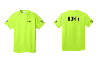NYC Factory Custom Logo Security T-Shirt, Condensed Lettering - Chest + Back + Your Logo Sleeves - Safety Green