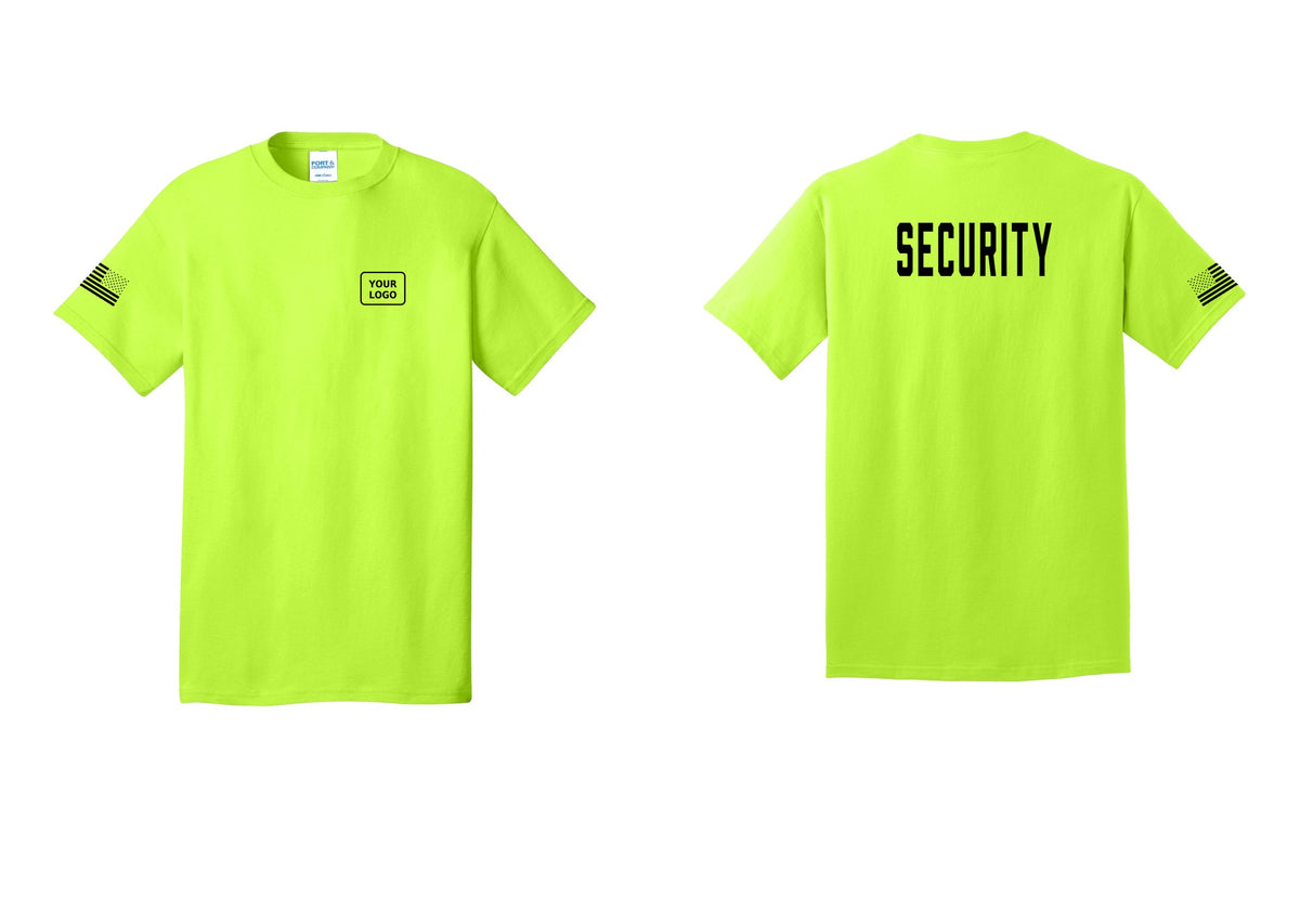 NYC Factory Custom Logo Security T-Shirt, Condensed Lettering - Your Logo + Back + US Flag Sleeve - Safety Green