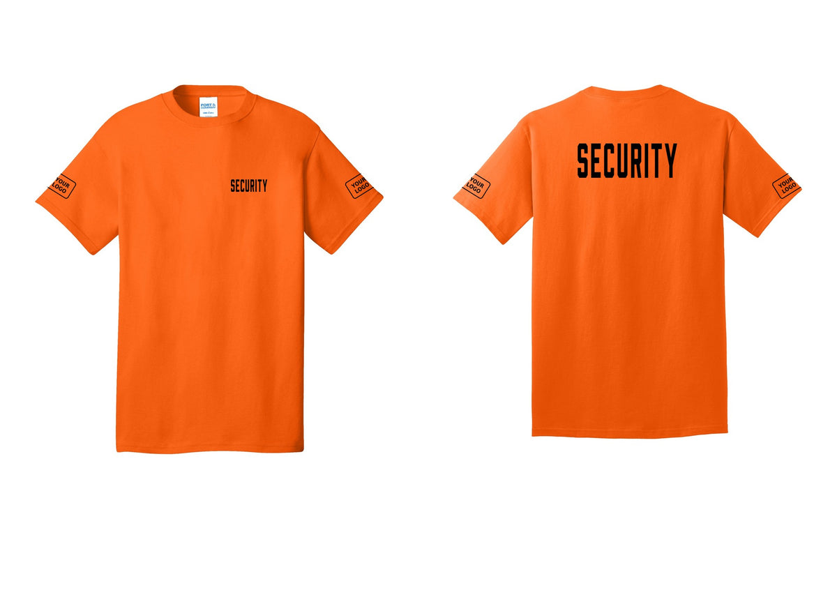 NYC Factory Custom Logo Security T-Shirt, Condensed Lettering - Chest + Back + Your Logo Sleeves - Safety Orange