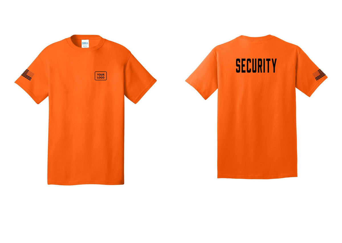 NYC Factory Unisex Security Custom Logo Black T-Shirt - Your Logo + Back + US Flag Sleeve - Safety Orange