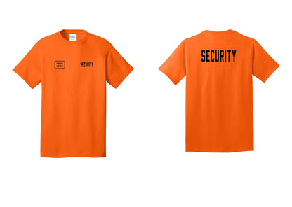 NYC Factory Custom Logo Security T-Shirt, Condensed Lettering - SECURITY + Your Logo + Back - Safety Orange