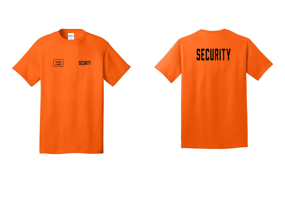 NYC Factory Unisex Security Custom Logo Black T-Shirt - SECURITY + Your Logo + Back - Safety Orange
