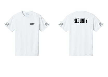 NYC Factory Unisex Security Custom Logo Black T-Shirt - Chest + Back + Your Logo Sleeves - White