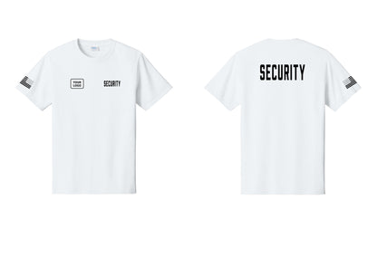 NYC Factory Custom Logo Security T-Shirt, Condensed Lettering - SECURITY + Your Logo + Back + US Flag Sleeve - White