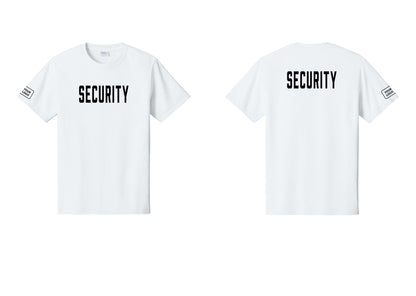 NYC Factory Custom Logo Security T-Shirt, Condensed Lettering - Front + Back + Your Logo Sleeve - White