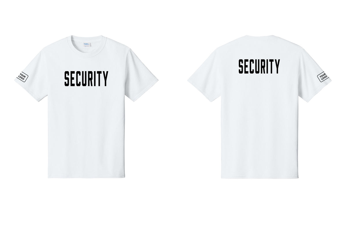 NYC Factory Unisex Security Custom Logo Black T-Shirt - Front + Back + Your Logo Sleeve - White