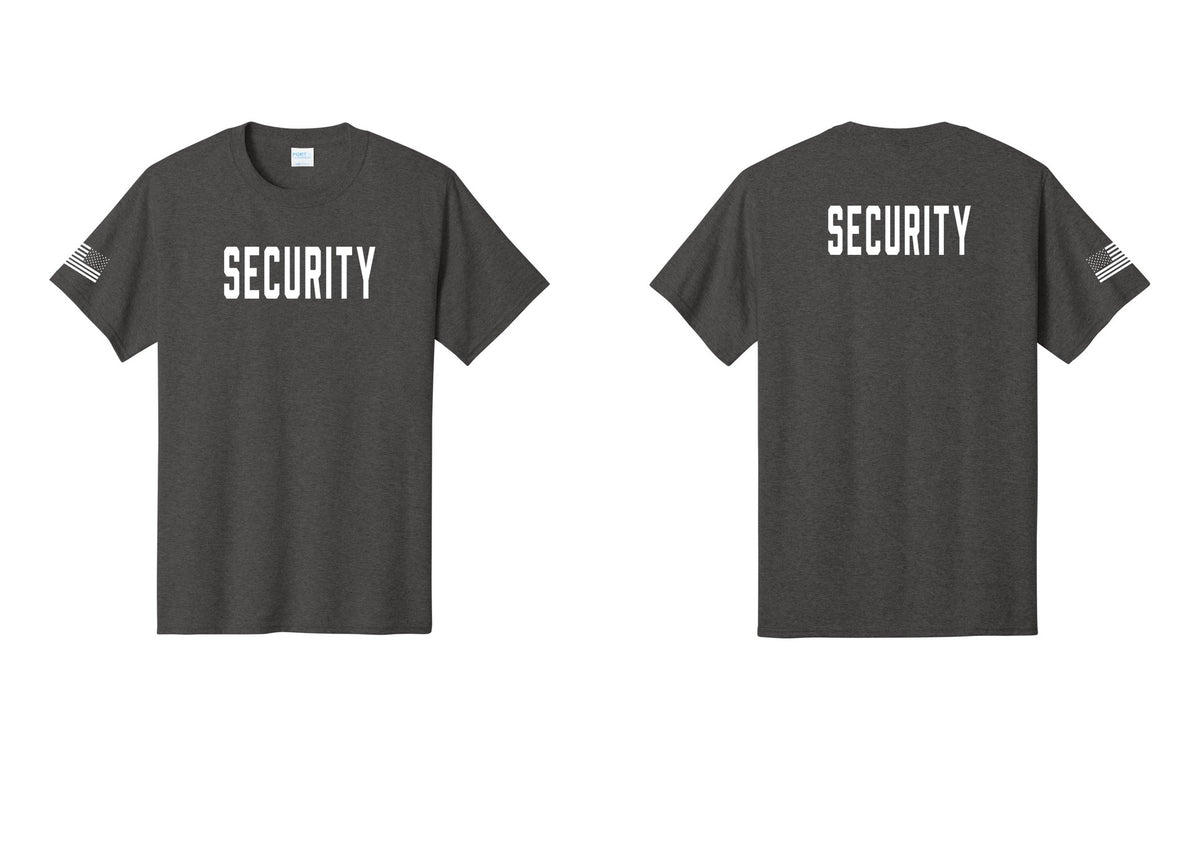 NYC Factory Unisex Security Black T-Shirt - Front + Back + US Flag Sleeve - Dark Heather Grey