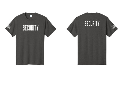 NYC Factory Unisex Security Black T-Shirt - Front + Back + US Flag Sleeve - Dark Heather Grey