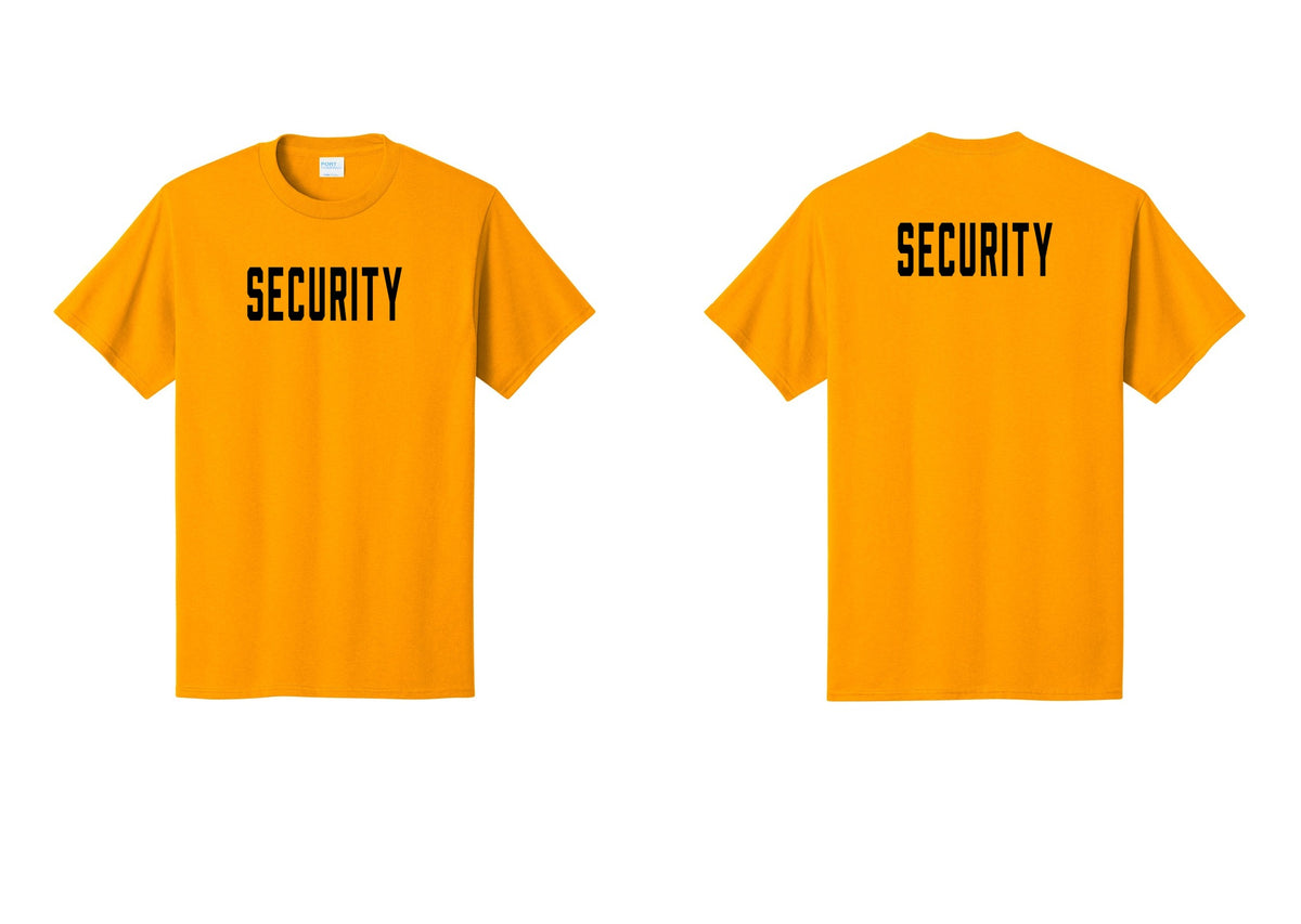 NYC Factory Security T-Shirt, Condensed Lettering - Front + Back - Gold