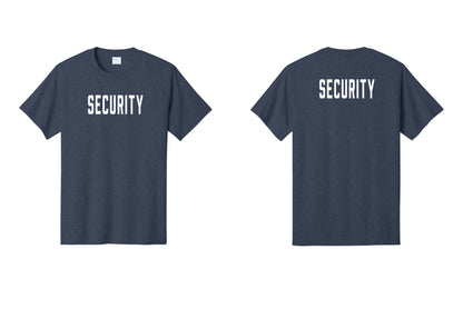 NYC Factory Security T-Shirt, Condensed Lettering - Front + Back - Heather Navy