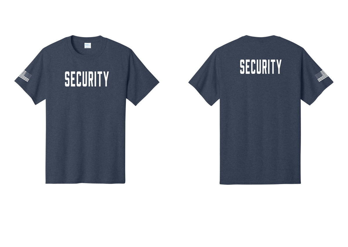NYC Factory Unisex Security Black T-Shirt - Front + Back + US Flag Sleeve - Heather Navy