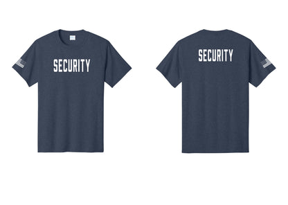 NYC Factory Unisex Security Black T-Shirt - Front + Back + US Flag Sleeve - Heather Navy