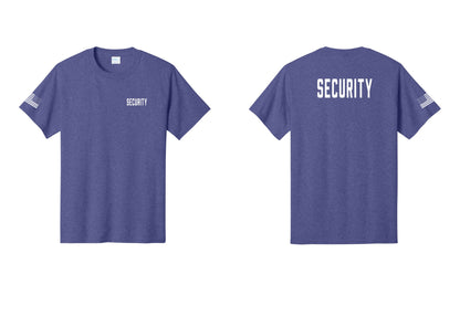 NYC Factory Security T-Shirt, Condensed Lettering - Chest + Back + US Flag Sleeve - Heather Purple