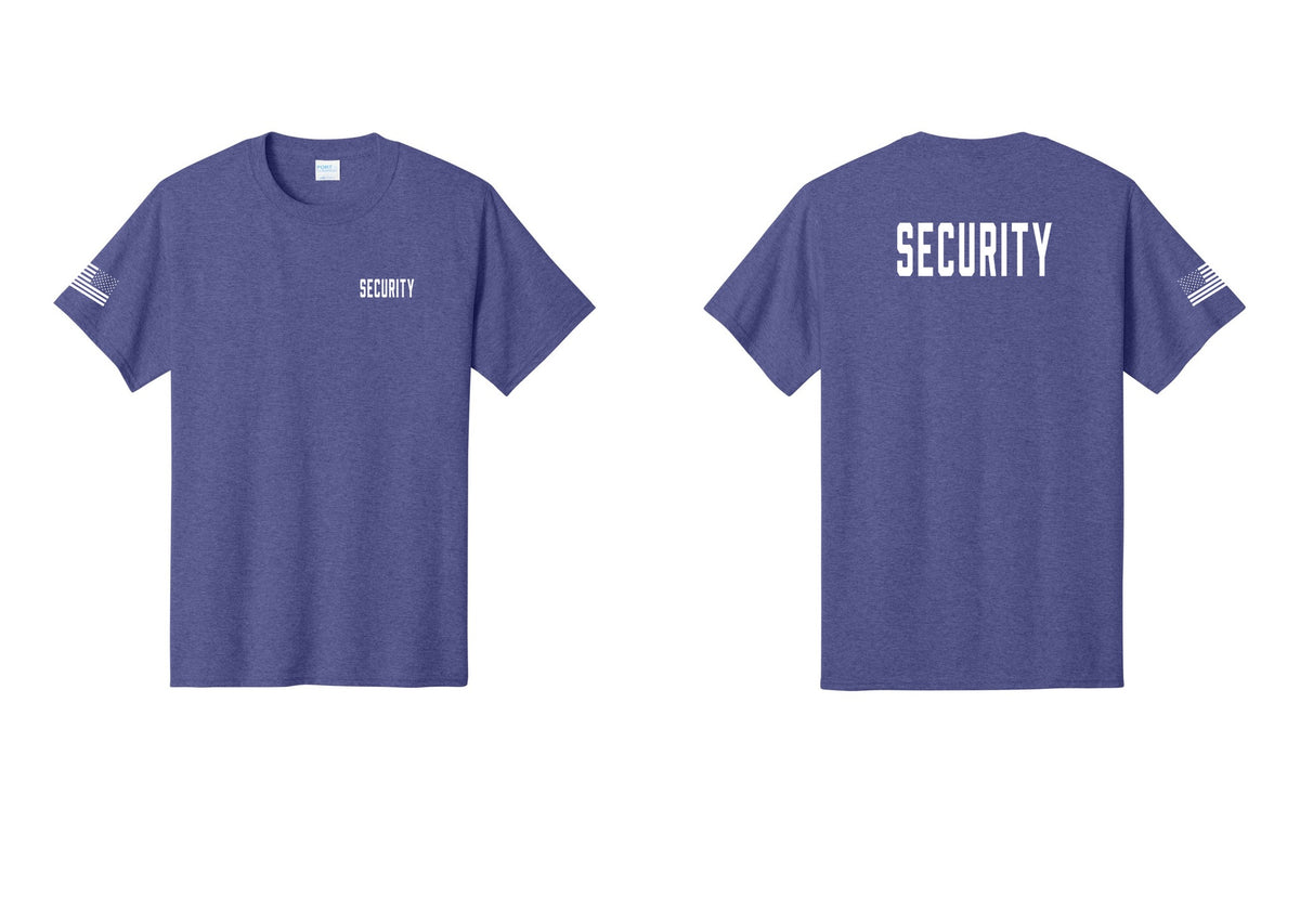 NYC Factory Unisex Security Black T-Shirt - Chest + Back + US Flag Sleeve - Heather Purple