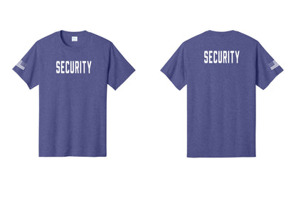 NYC Factory Security T-Shirt, Condensed Lettering - Front + Back + US Flag Sleeve - Heather Purple
