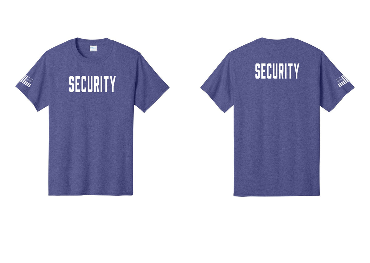 NYC Factory Unisex Security Black T-Shirt - Front + Back + US Flag Sleeve - Heather Purple