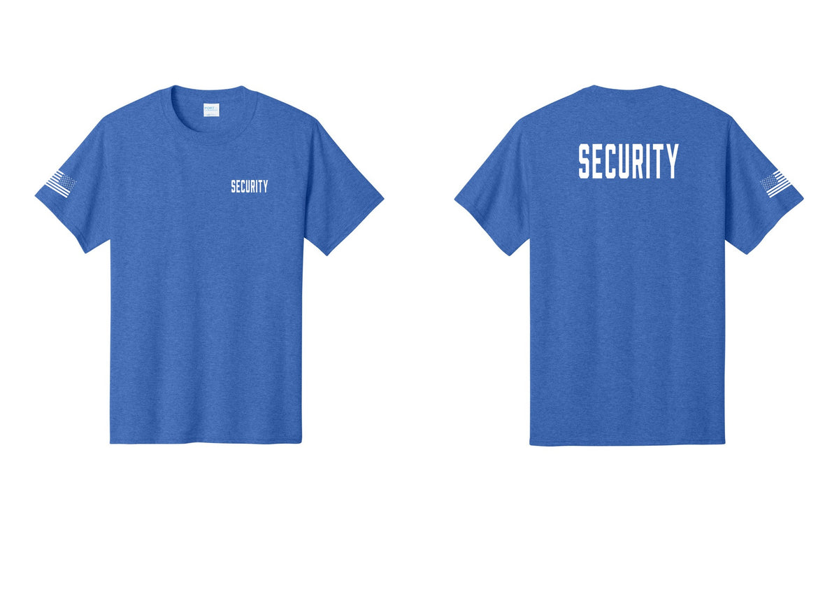 NYC Factory Security T-Shirt, Condensed Lettering - Chest + Back + US Flag Sleeve - Heather Royal