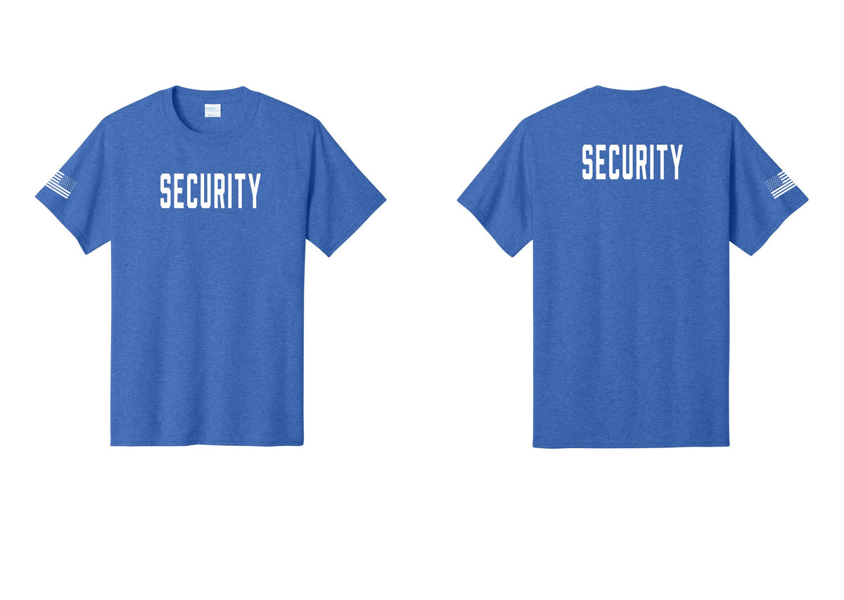 NYC Factory Security T-Shirt, Condensed Lettering - Front + Back + US Flag Sleeve - Heather Royal