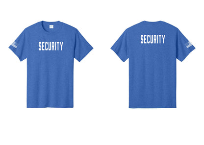 NYC Factory Security T-Shirt, Condensed Lettering - Front + Back + US Flag Sleeve - Heather Royal
