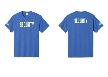 NYC Factory Unisex Security Black T-Shirt - Front + Back + US Flag Sleeve - Heather Royal