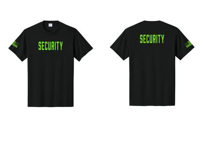 NYC Factory Security T-Shirt, Condensed Lettering - Front + Back + US Flag Sleeve - Black / Neon