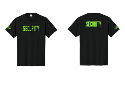 NYC Factory Unisex Security Black T-Shirt - Front + Back + US Flag Sleeve - Black / Neon