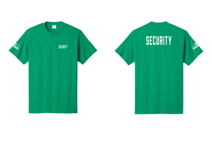 NYC Factory Unisex Security Black T-Shirt - Chest + Back + US Flag Sleeve - Kelly
