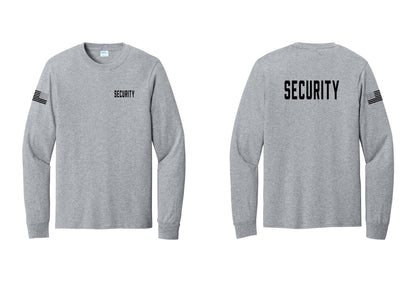 NYC Factory Security Cotton Long Sleeve T-Shirt (Classic) - Chest + Back + US Flag Sleeve - Athletic Heather